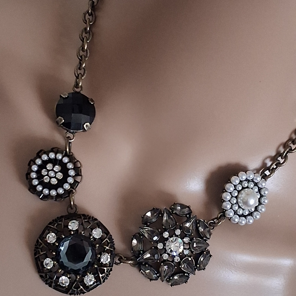 Lia Sophia Goldtone and Black Statement Necklace, Rhinestones, Faux Pearls